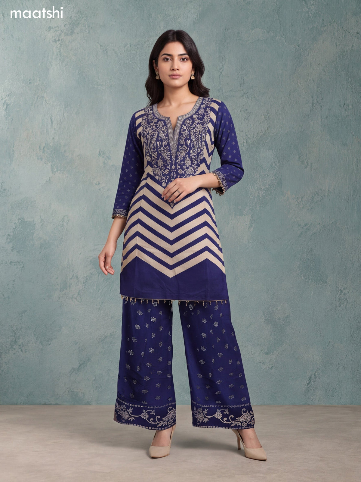 Navy Blue and Biege Crepe Silk Floral Printed & Embroidery Work Straight Suit