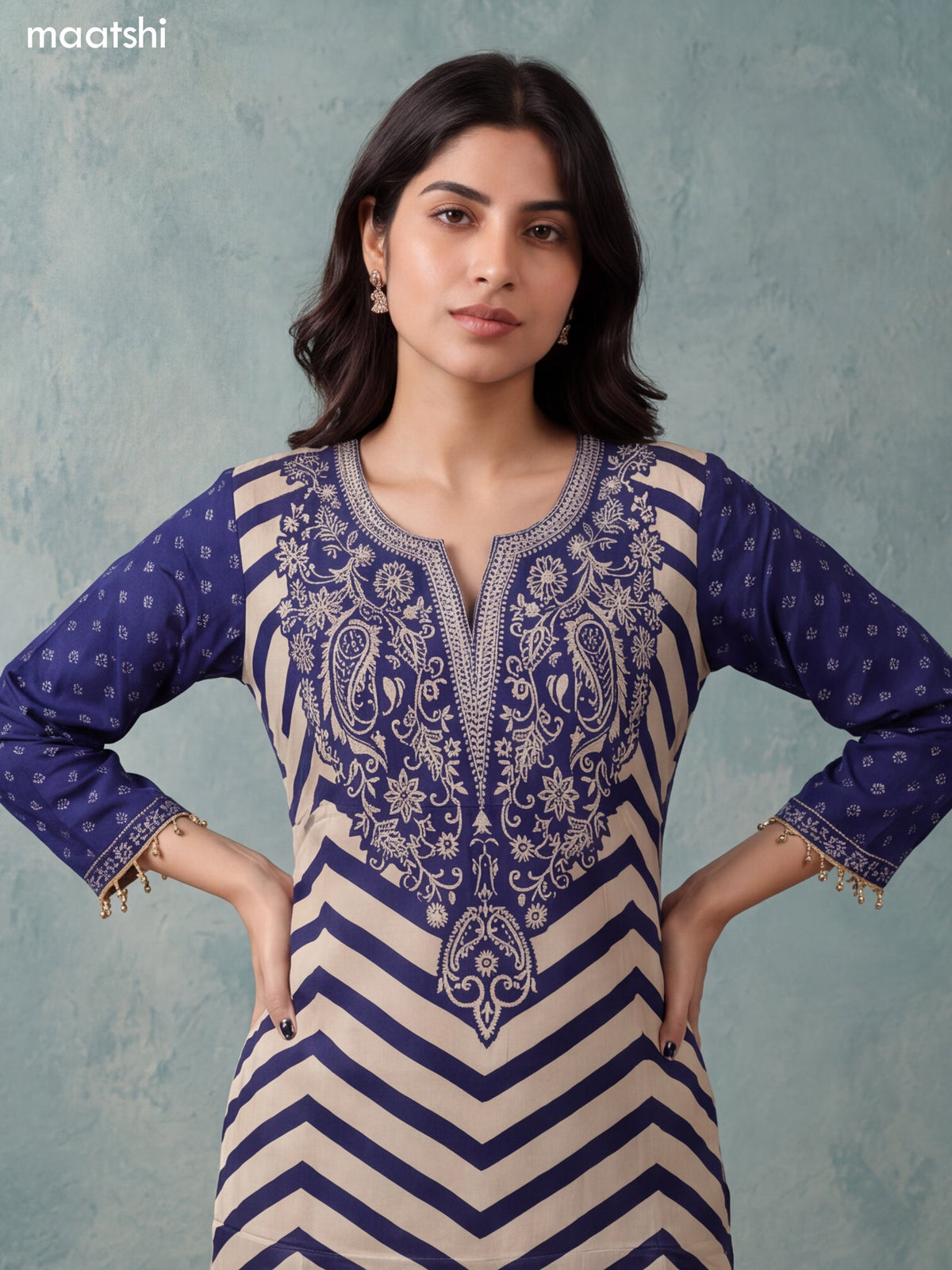 Navy Blue and Biege Crepe Silk Floral Printed & Embroidery Work Straight Suit