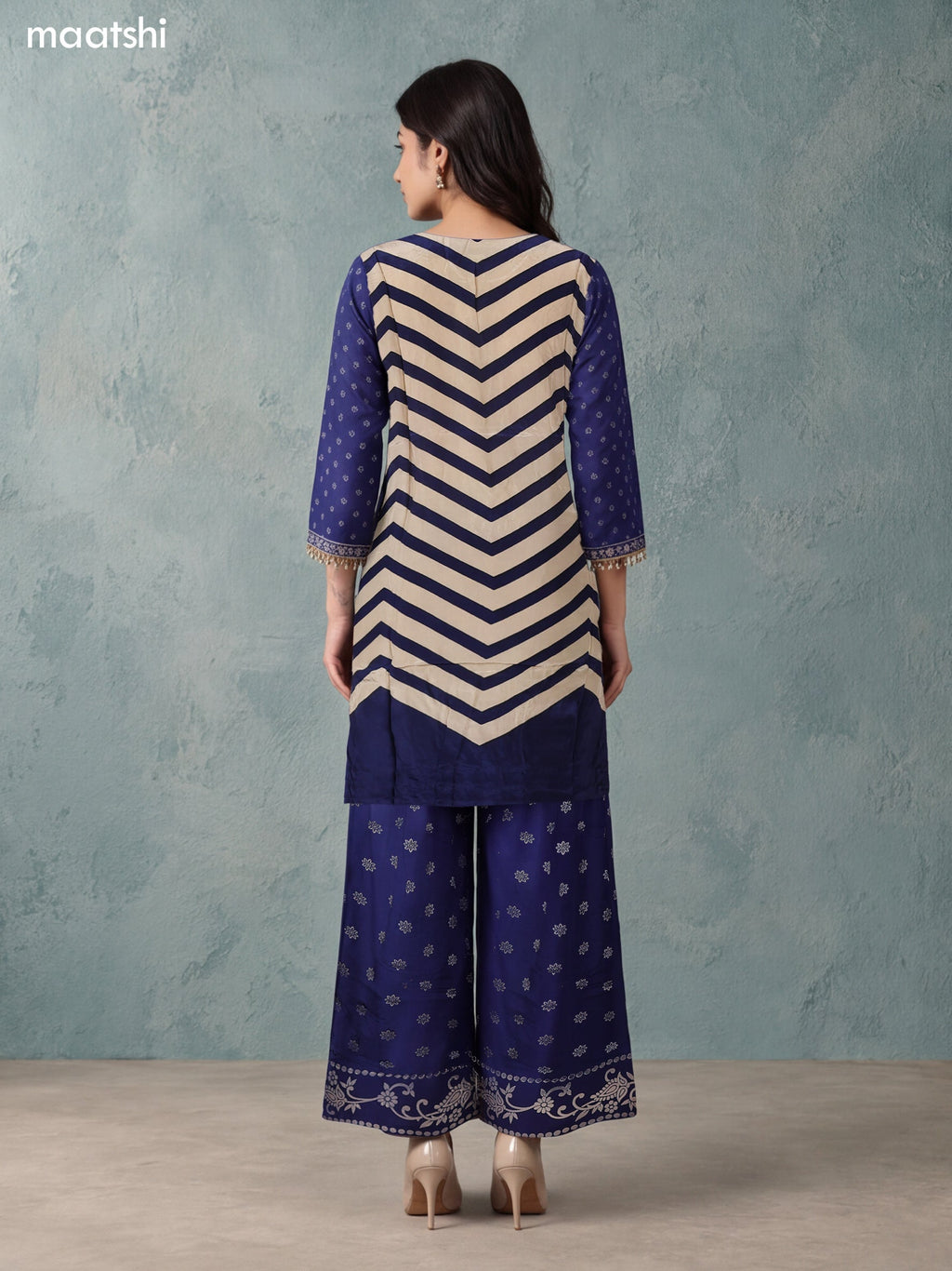 Navy Blue and Biege Crepe Silk Floral Printed & Embroidery Work Straight Suit