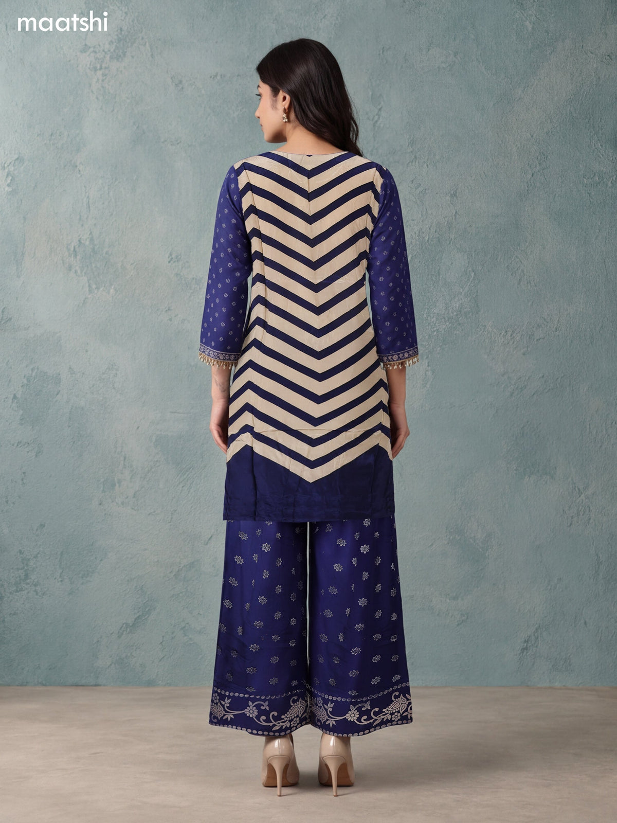 Navy Blue and Biege Crepe Silk Floral Printed & Embroidery Work Straight Suit