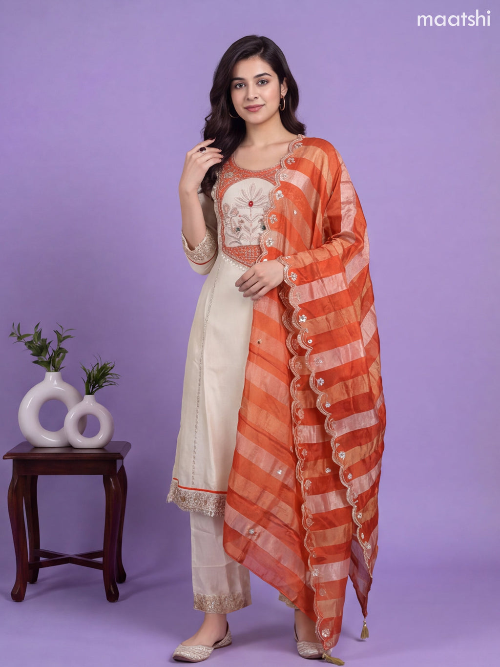 Off White and Rustic Orange Tissue Embroidery Work Straight Suit