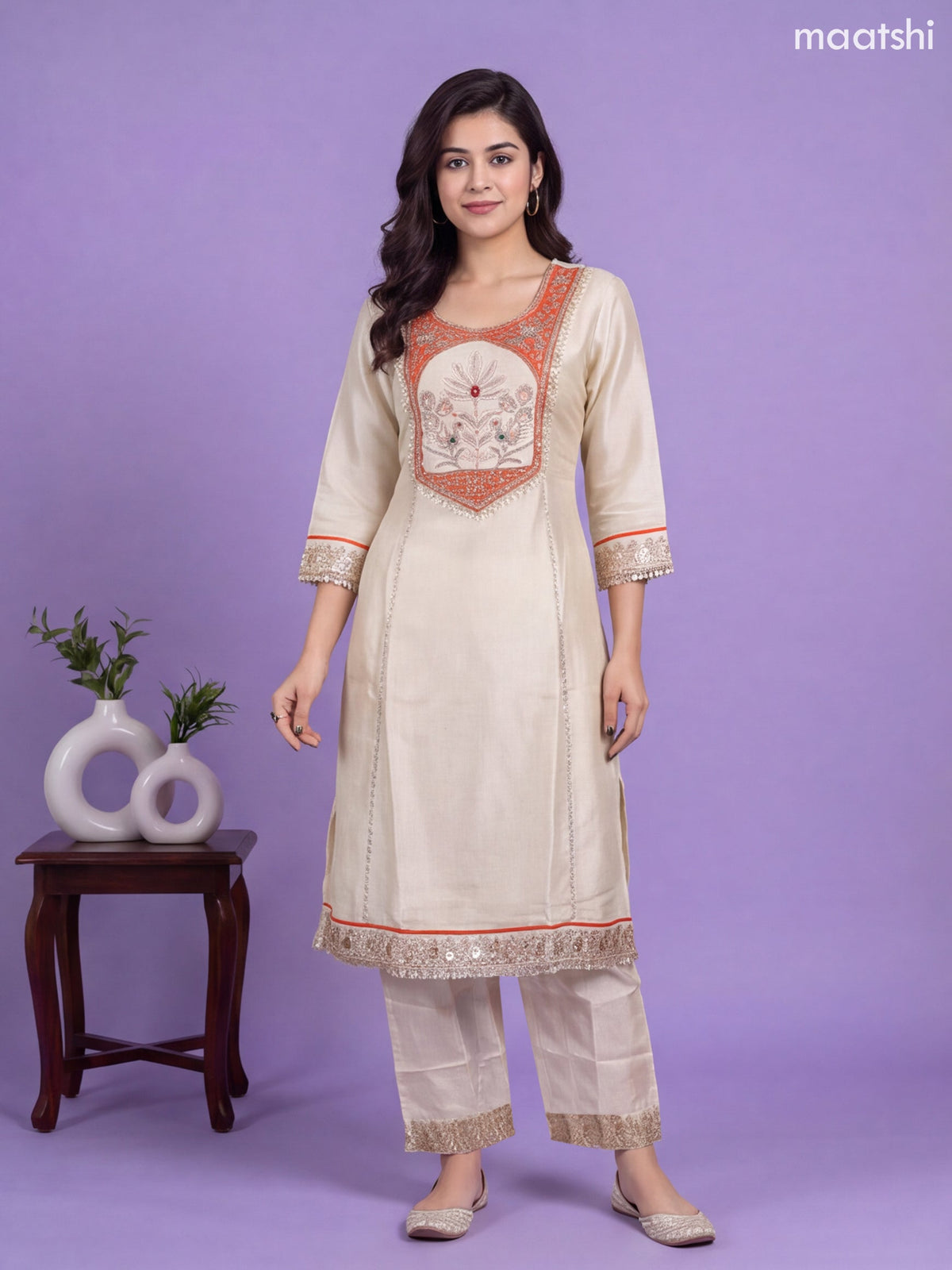 Off White and Rustic Orange Tissue Embroidery Work Straight Suit