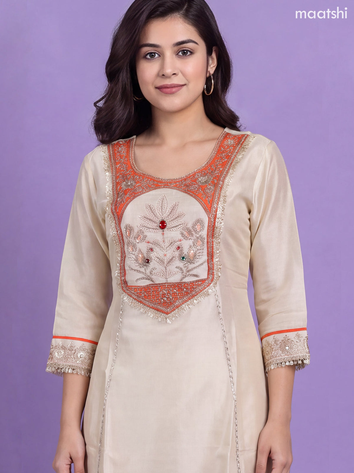 Off White and Rustic Orange Tissue Embroidery Work Straight Suit