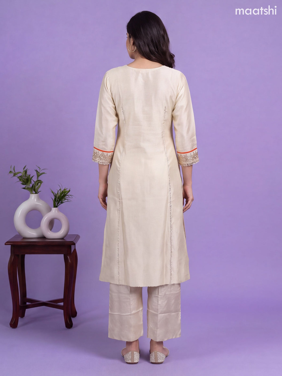 Off White and Rustic Orange Tissue Embroidery Work Straight Suit