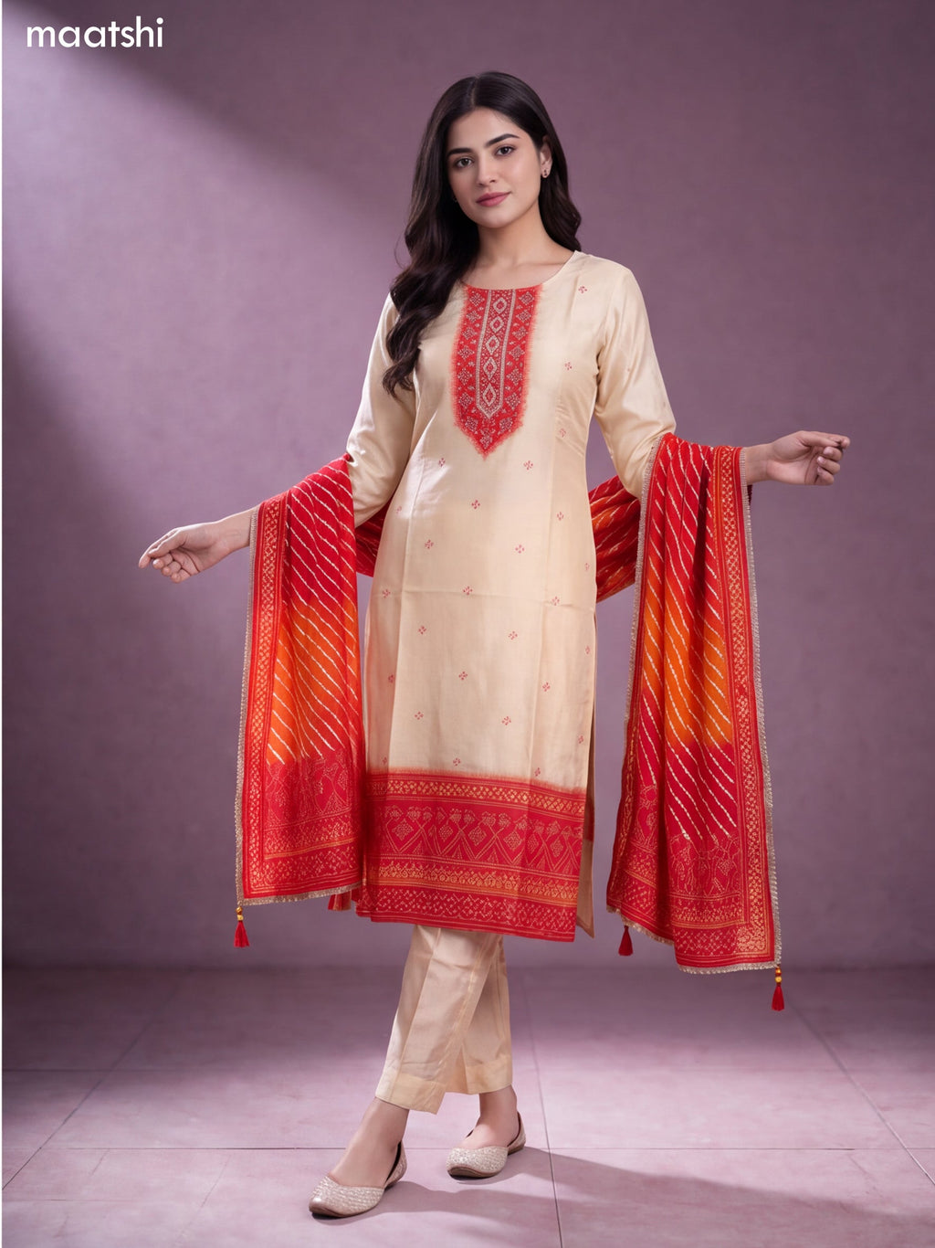 Cream and Rustic Orange Crepe Silk Floral Printed & Embroidery Work Straight Suit