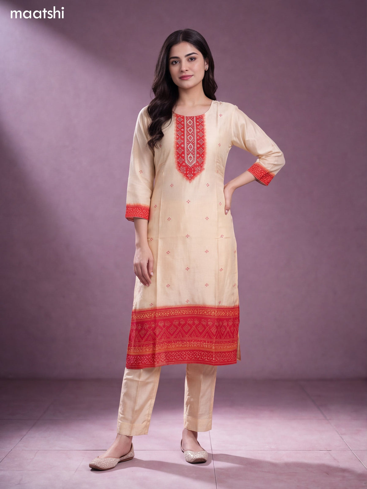 Cream and Rustic Orange Crepe Silk Floral Printed & Embroidery Work Straight Suit