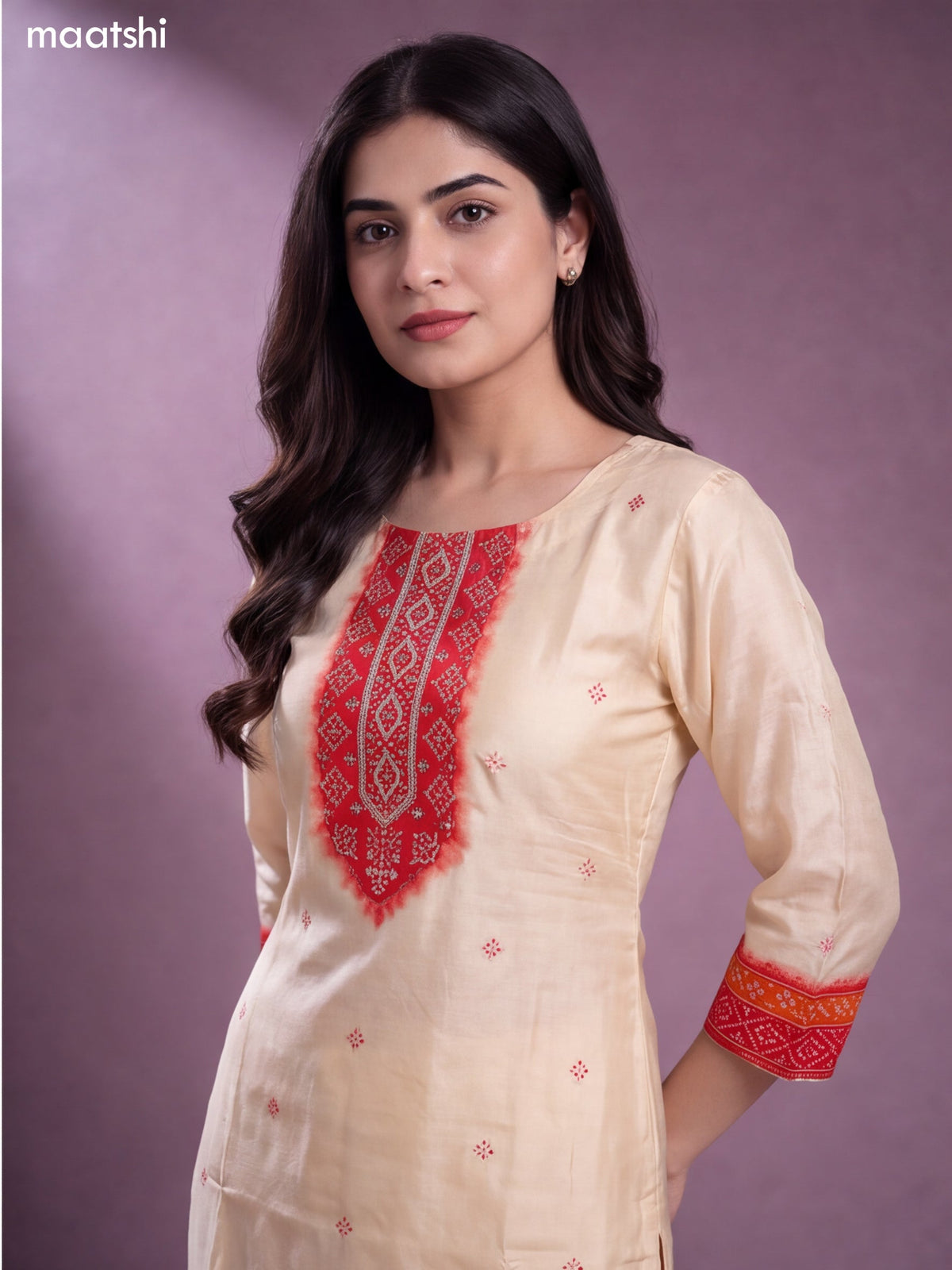 Cream and Rustic Orange Crepe Silk Floral Printed & Embroidery Work Straight Suit