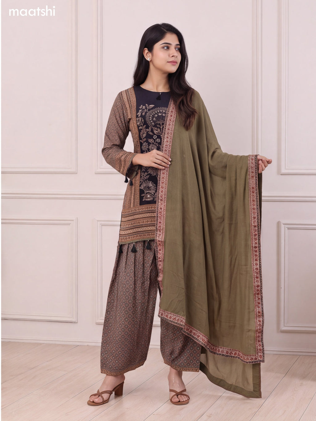 Black and Sap Green Crepe Silk Printed & Simple Embroidery Work Straight Suit