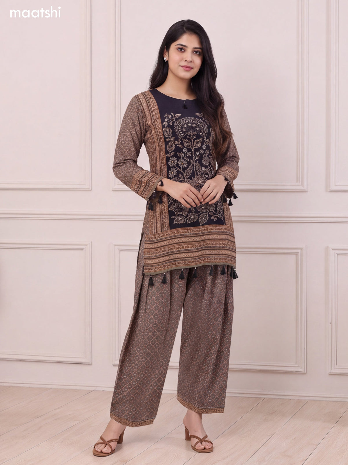 Black and Sap Green Crepe Silk Printed & Simple Embroidery Work Straight Suit
