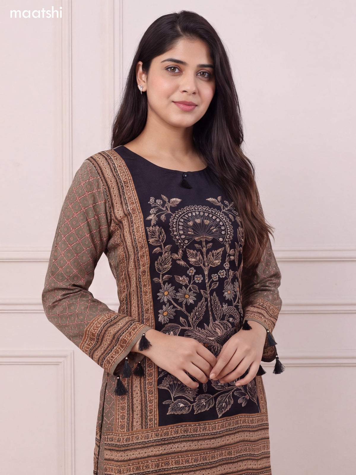 Black and Sap Green Crepe Silk Printed & Simple Embroidery Work Straight Suit