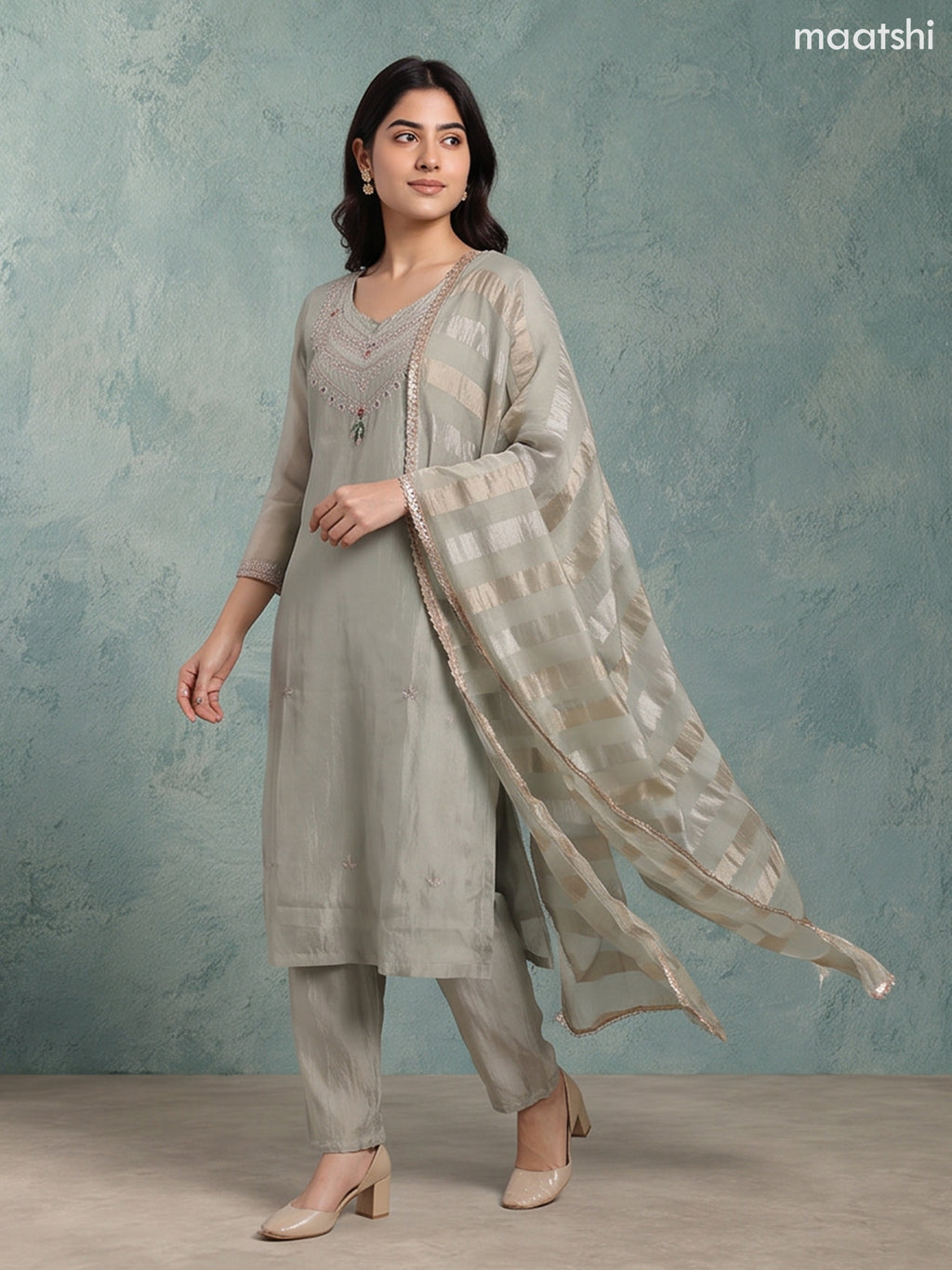 Pastel Green Tissue Embroidery Work Straight Suit