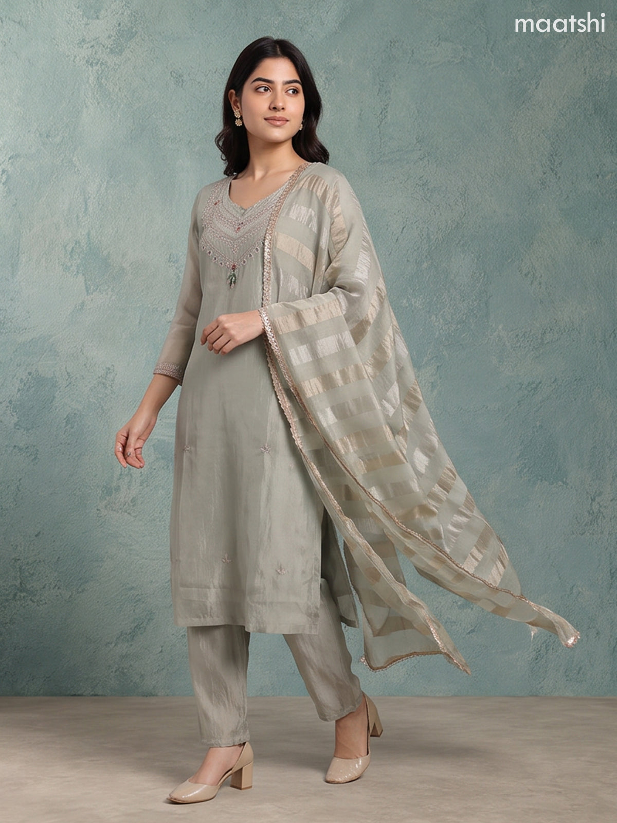 Pastel Green Tissue Embroidery Work Straight Suit