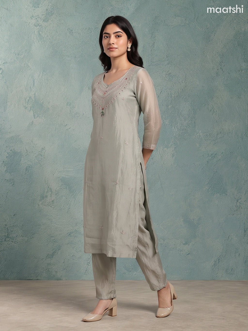 Pastel Green Tissue Embroidery Work Straight Suit