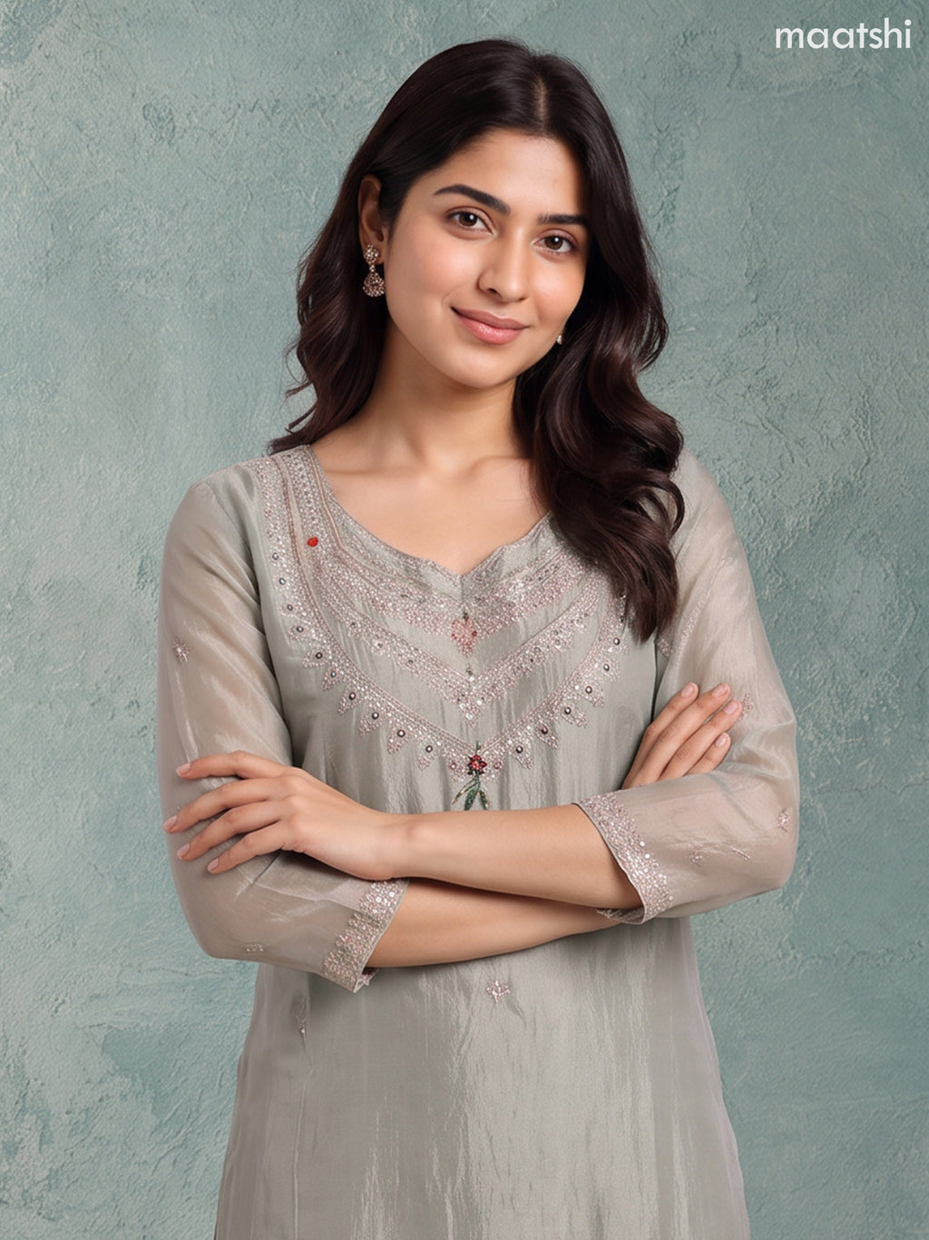 Pastel Green Tissue Embroidery Work Straight Suit