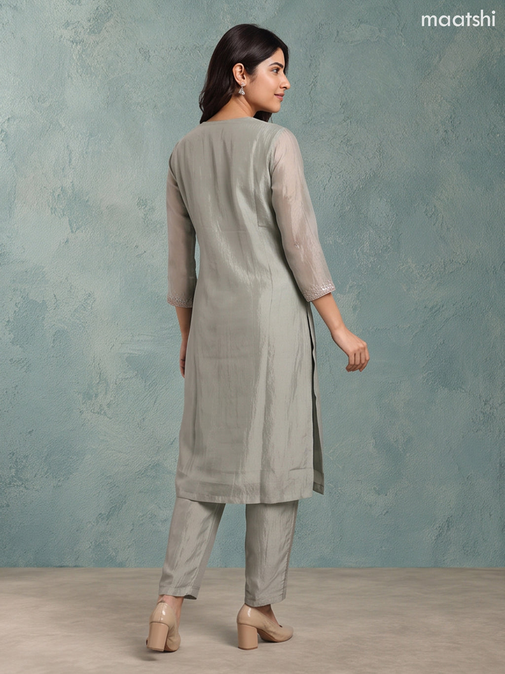 Pastel Green Tissue Embroidery Work Straight Suit