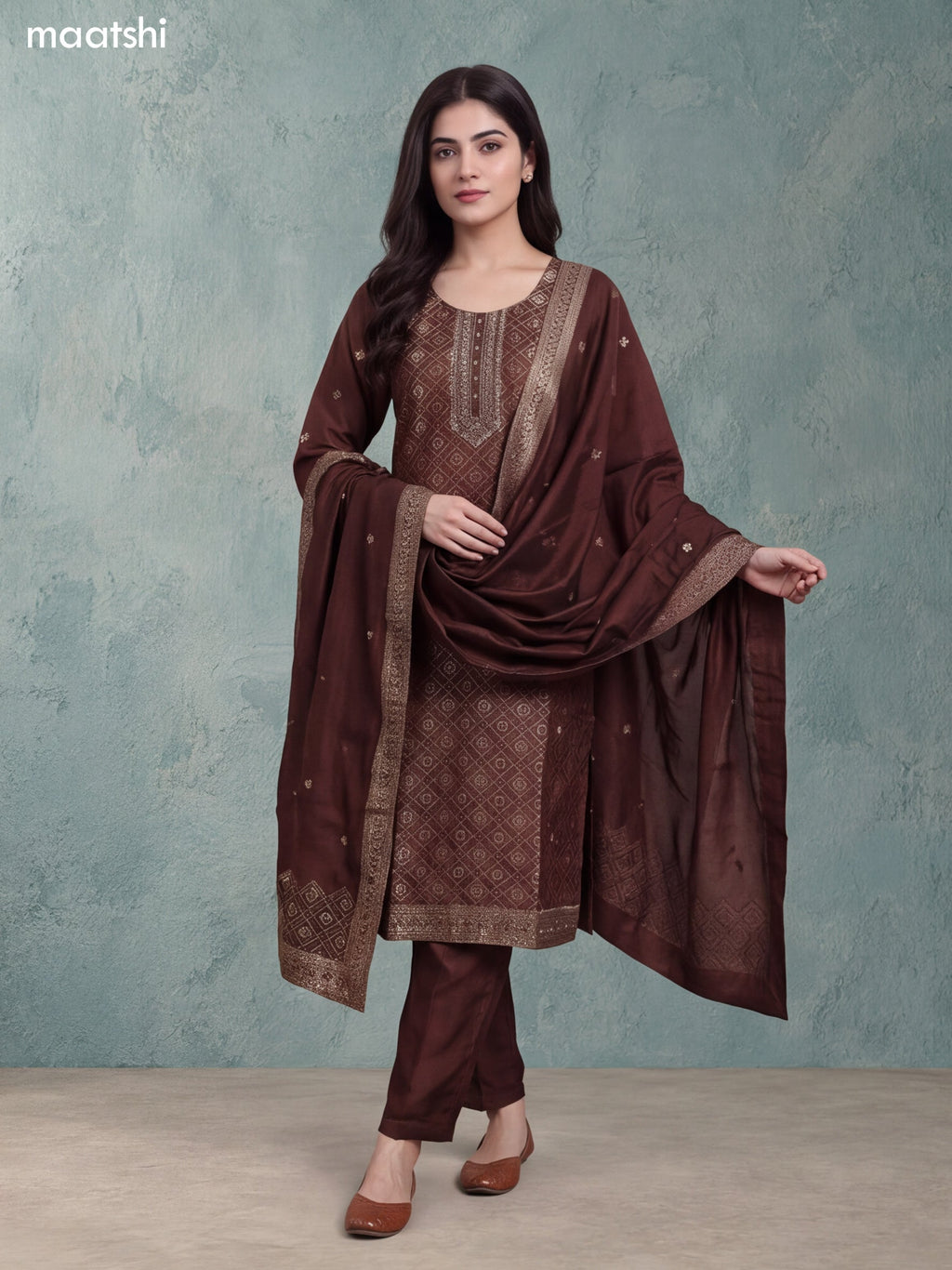 Brown Art Tussar Embroidery Work Straight Suit