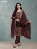 Brown Art Tussar Embroidery Work Straight Suit