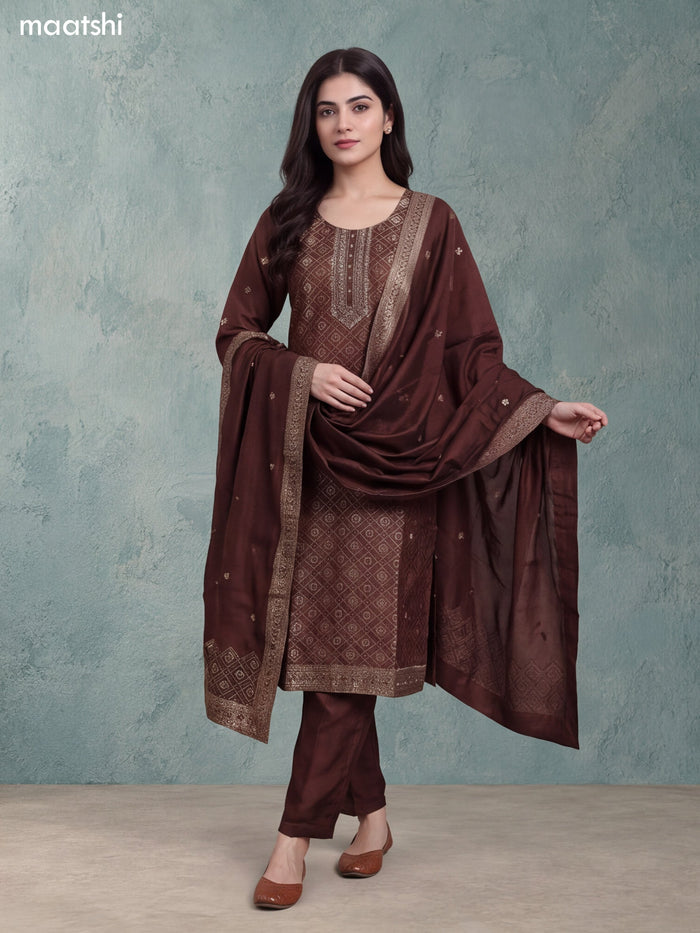Brown Art Tussar Embroidery Work Straight Suit