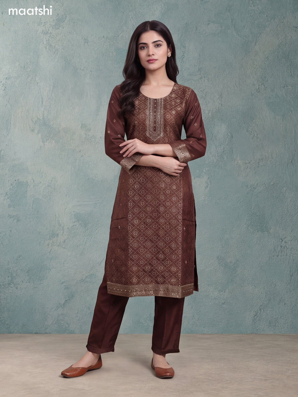 Brown Art Tussar Embroidery Work Straight Suit