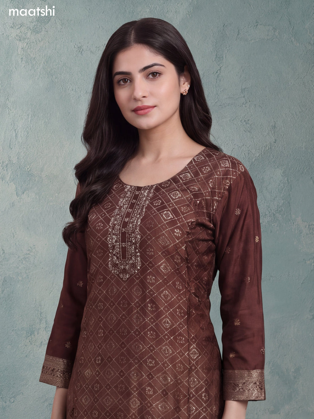 Brown Art Tussar Embroidery Work Straight Suit