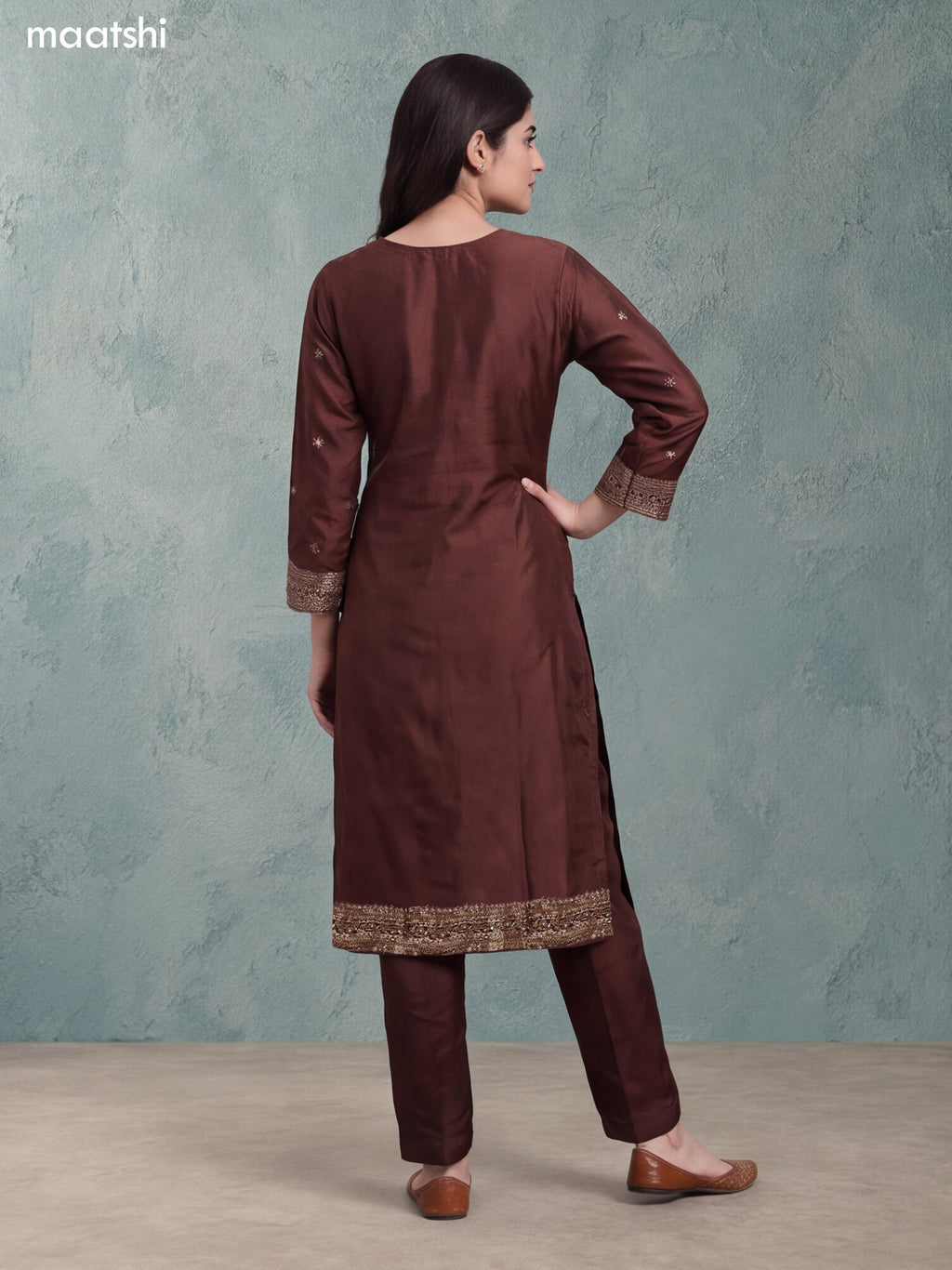 Brown Art Tussar Embroidery Work Straight Suit