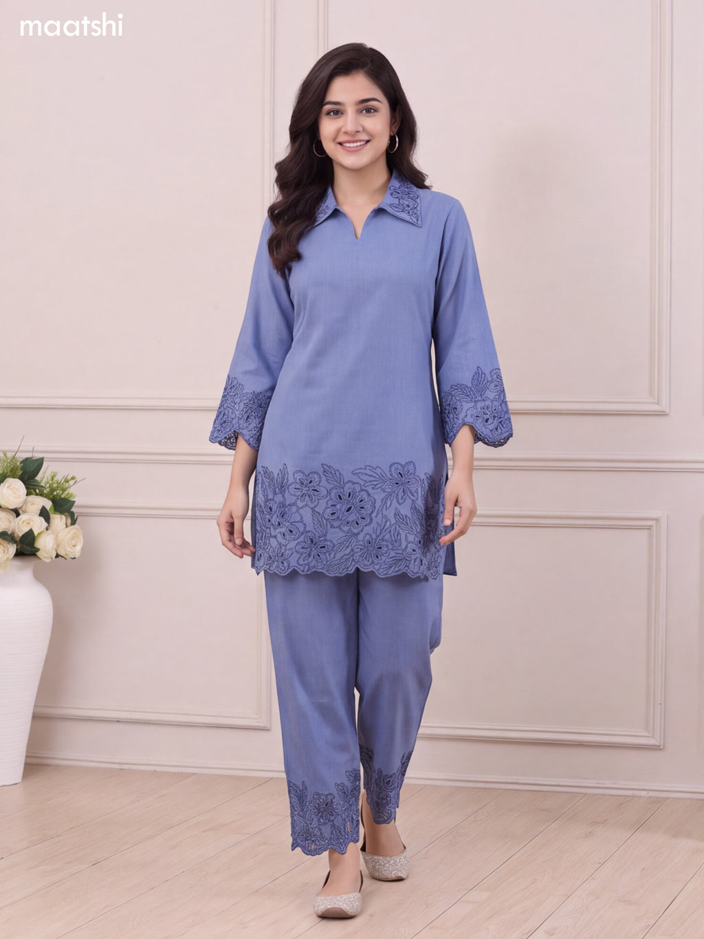 Blue Cotton Embroidery Work Short Co-Ord Set