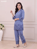 Blue Cotton Embroidery Work Short Co-Ord Set