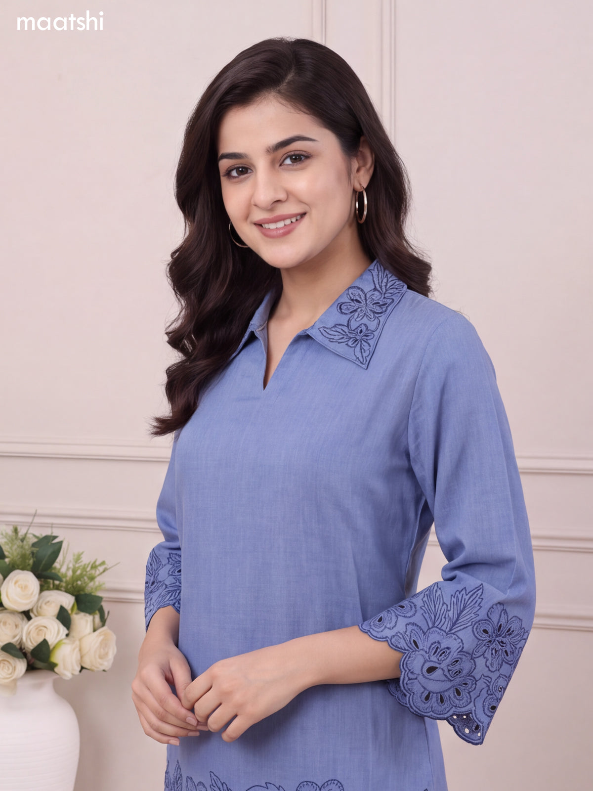 Blue Cotton Embroidery Work Short Co-Ord Set