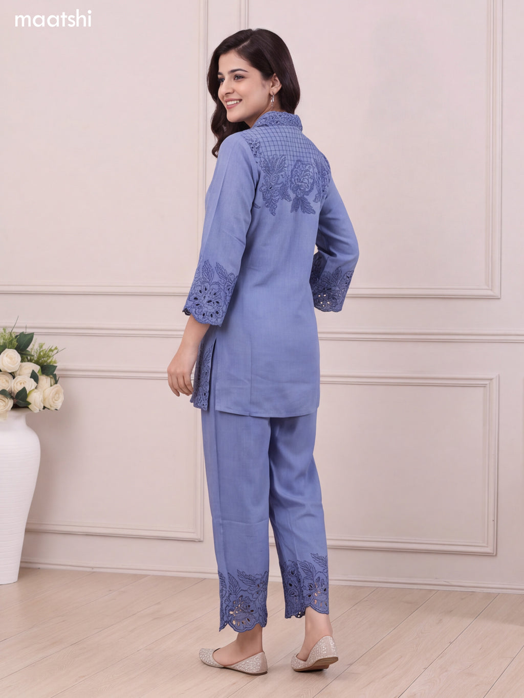 Blue Cotton Embroidery Work Short Co-Ord Set