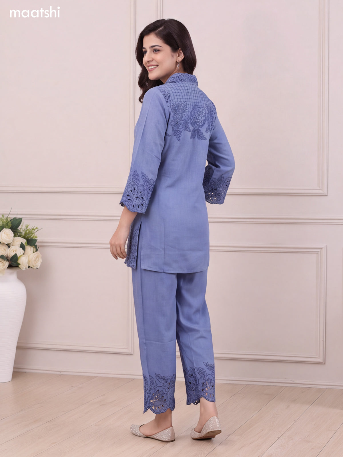 Blue Cotton Embroidery Work Short Co-Ord Set