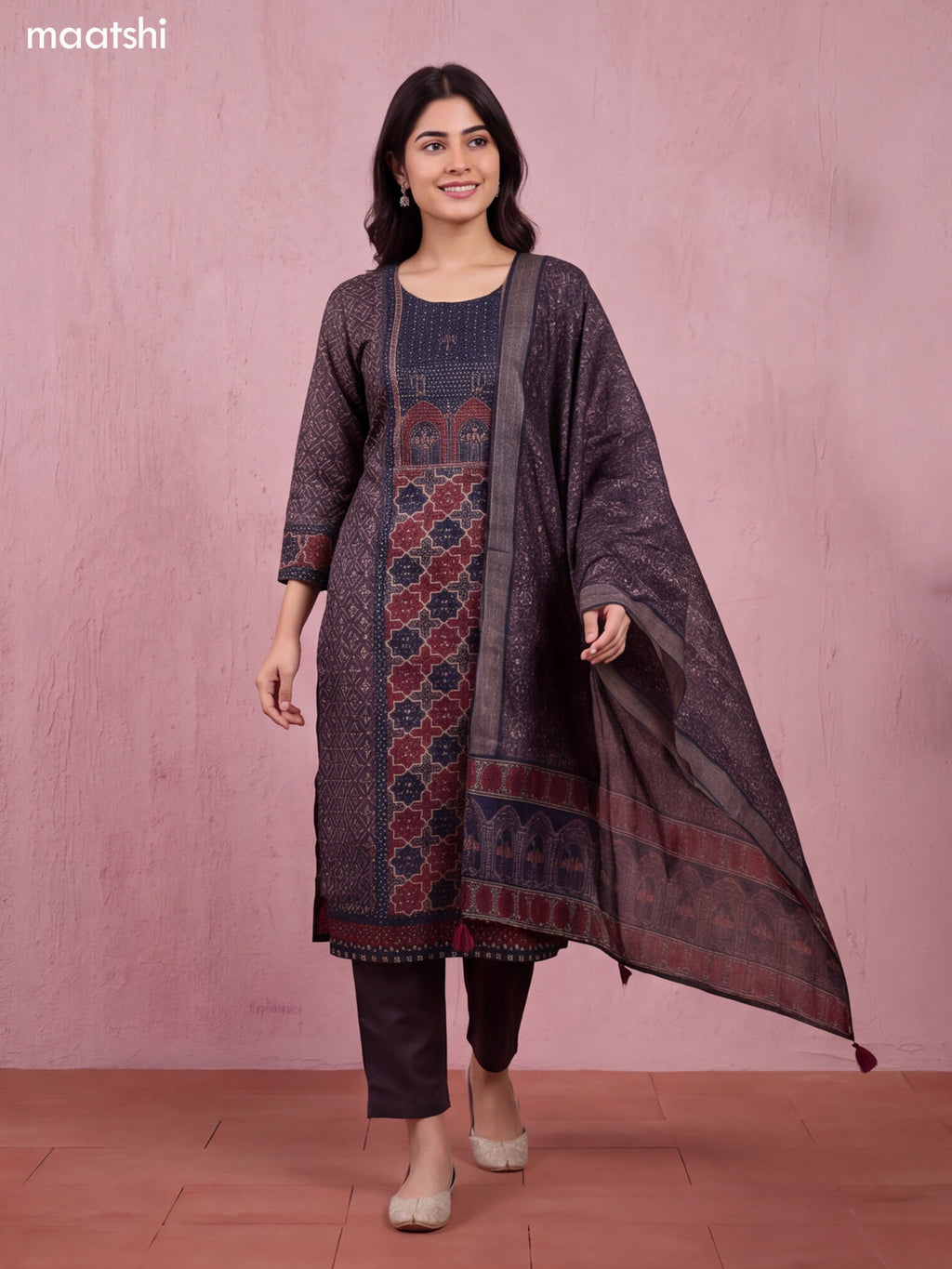 Brown and Navy Blue Art Tussar Ajrakh Prints & Embroidery Straight Suit