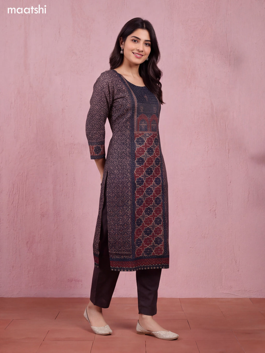 Brown and Navy Blue Art Tussar Ajrakh Prints & Embroidery Straight Suit
