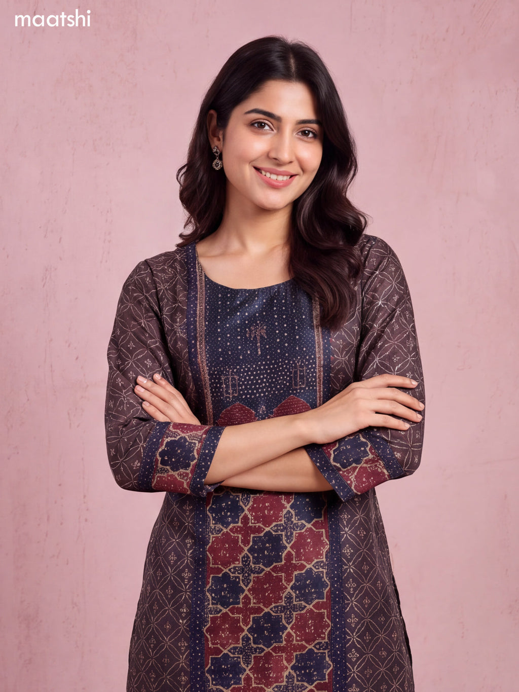 Brown and Navy Blue Art Tussar Ajrakh Prints & Embroidery Straight Suit