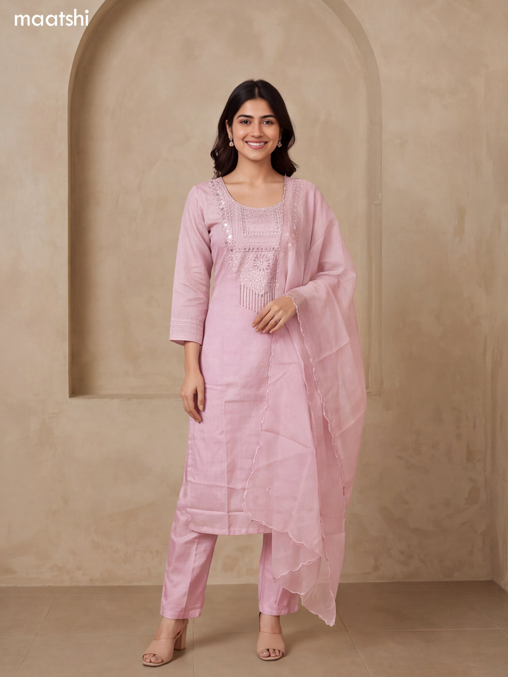 Pastel Pink Tissue Embroidery Work Straight Suit