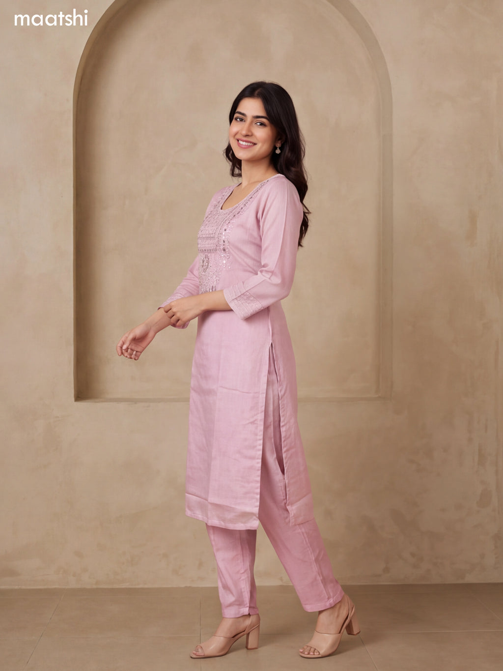 Pastel Pink Tissue Embroidery Work Straight Suit