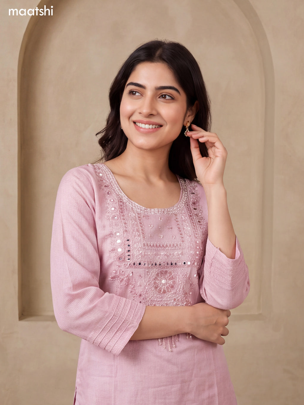 Pastel Pink Tissue Embroidery Work Straight Suit