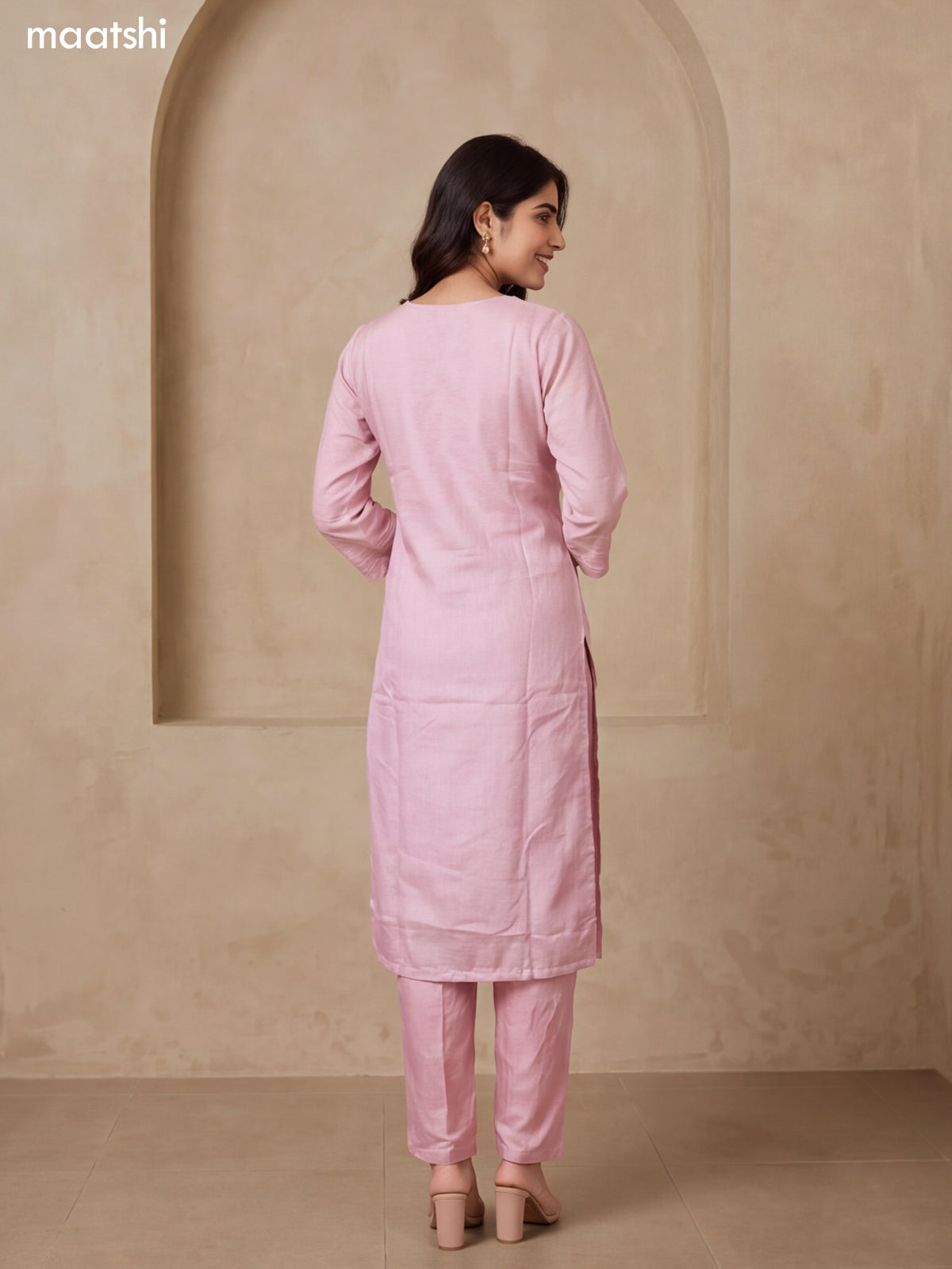 Pastel Pink Tissue Embroidery Work Straight Suit
