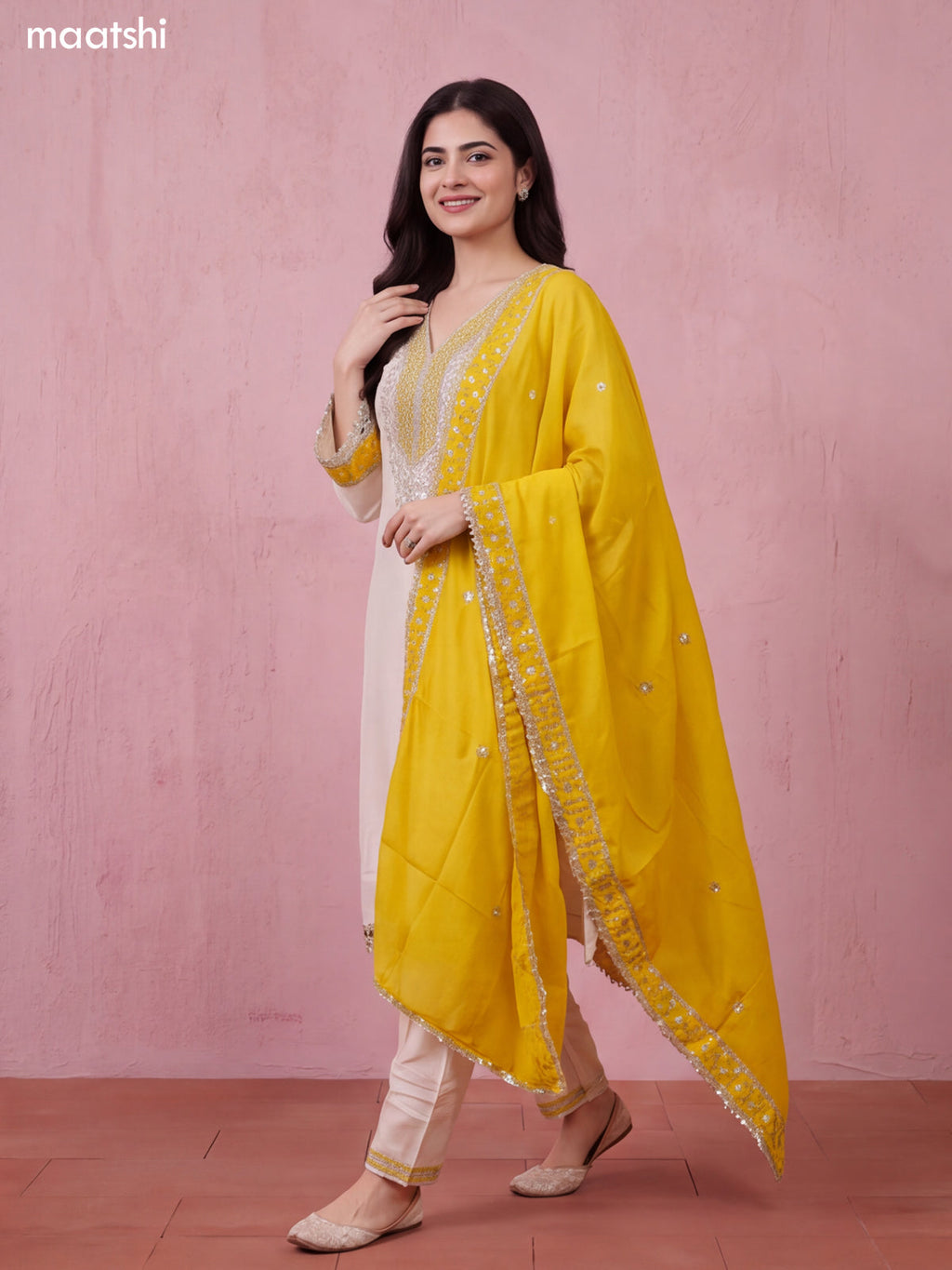 Off White and Mustard Yellow Tissue Embroidery Work Straight Suit