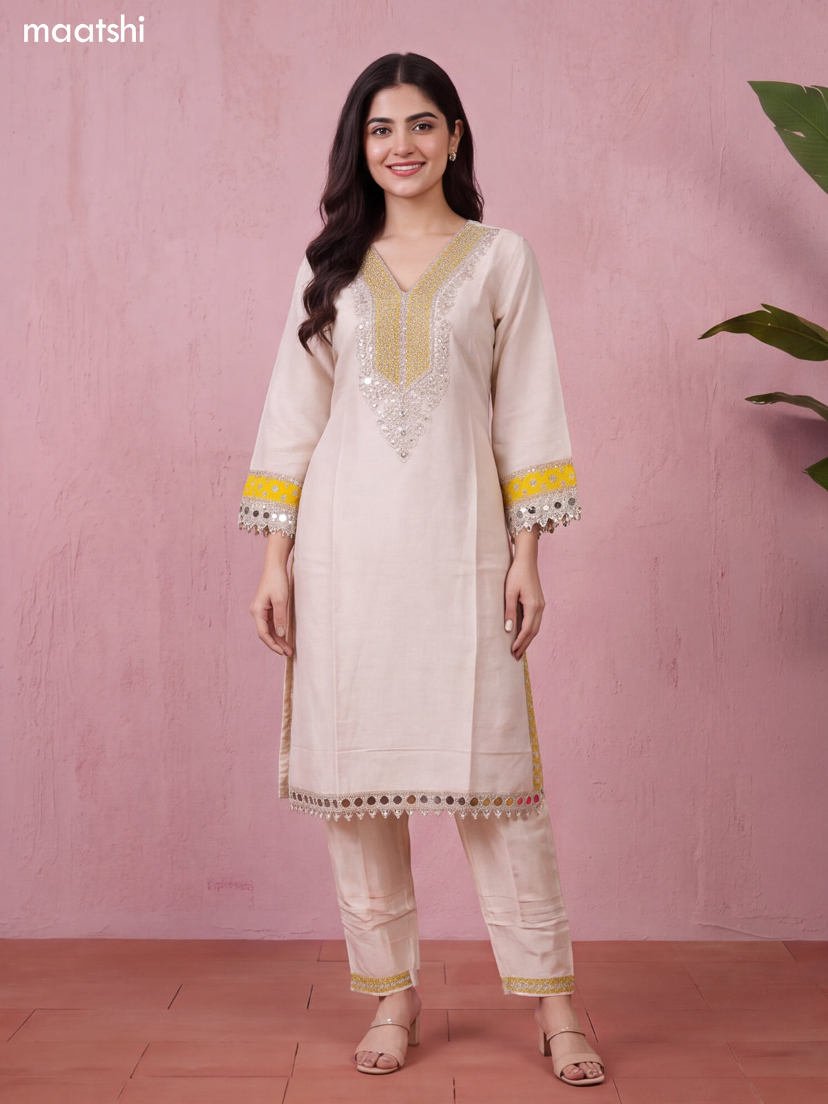 Off White and Mustard Yellow Tissue Embroidery Work Straight Suit