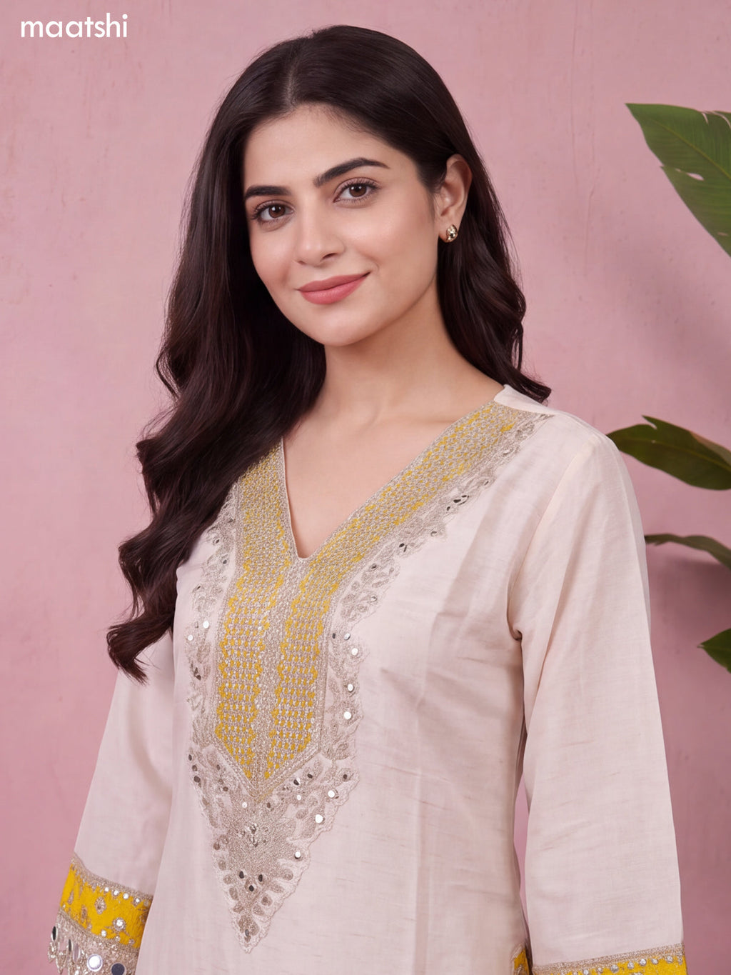 Off White and Mustard Yellow Tissue Embroidery Work Straight Suit