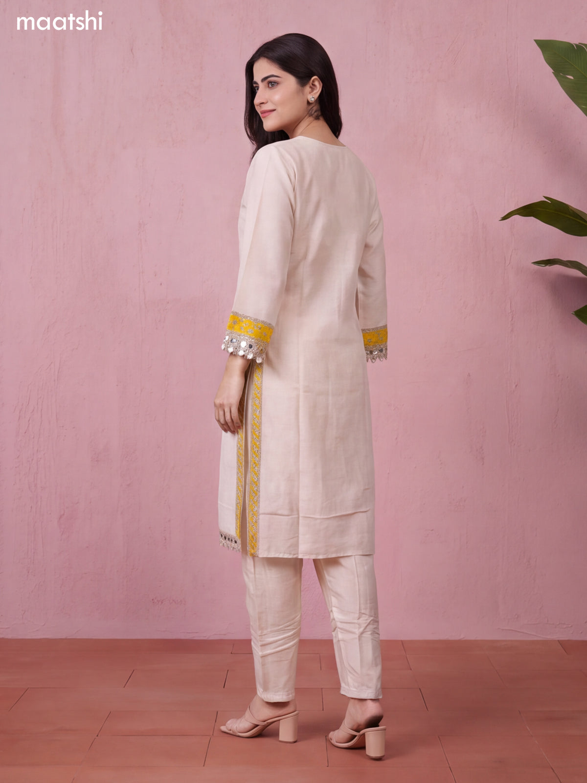 Off White and Mustard Yellow Tissue Embroidery Work Straight Suit