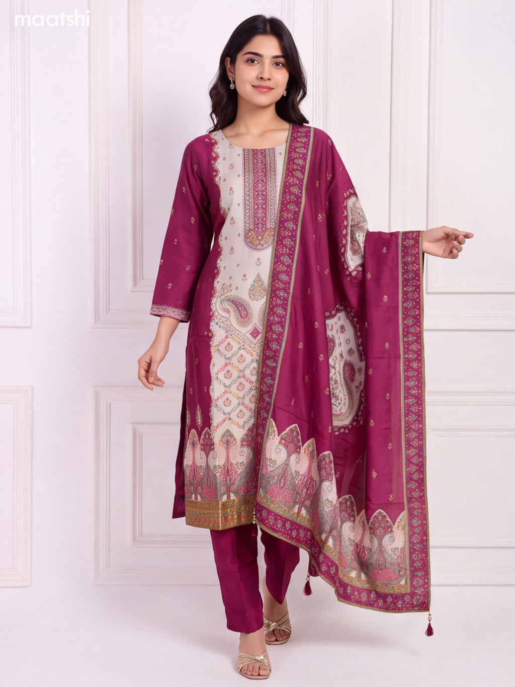 Magenta Pink and Biege Art Tussar Embroidery Work Straight Suit