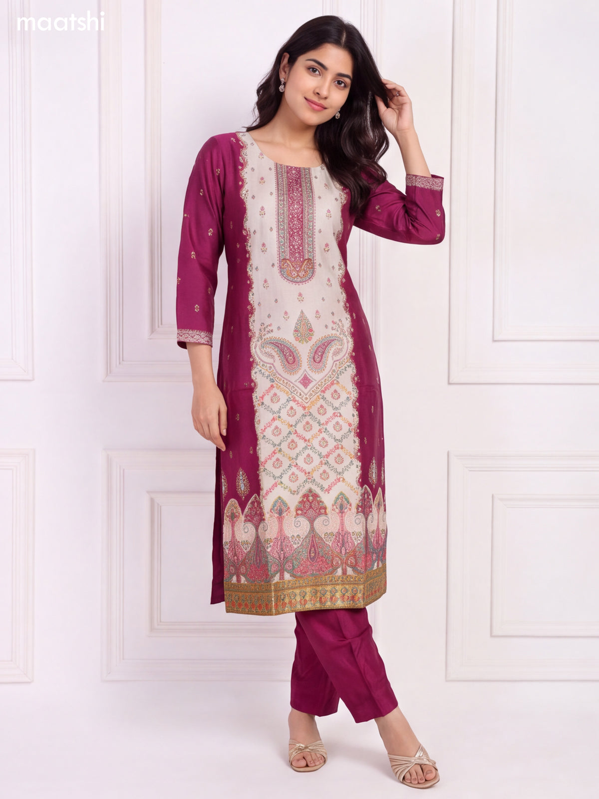 Magenta Pink and Biege Art Tussar Embroidery Work Straight Suit