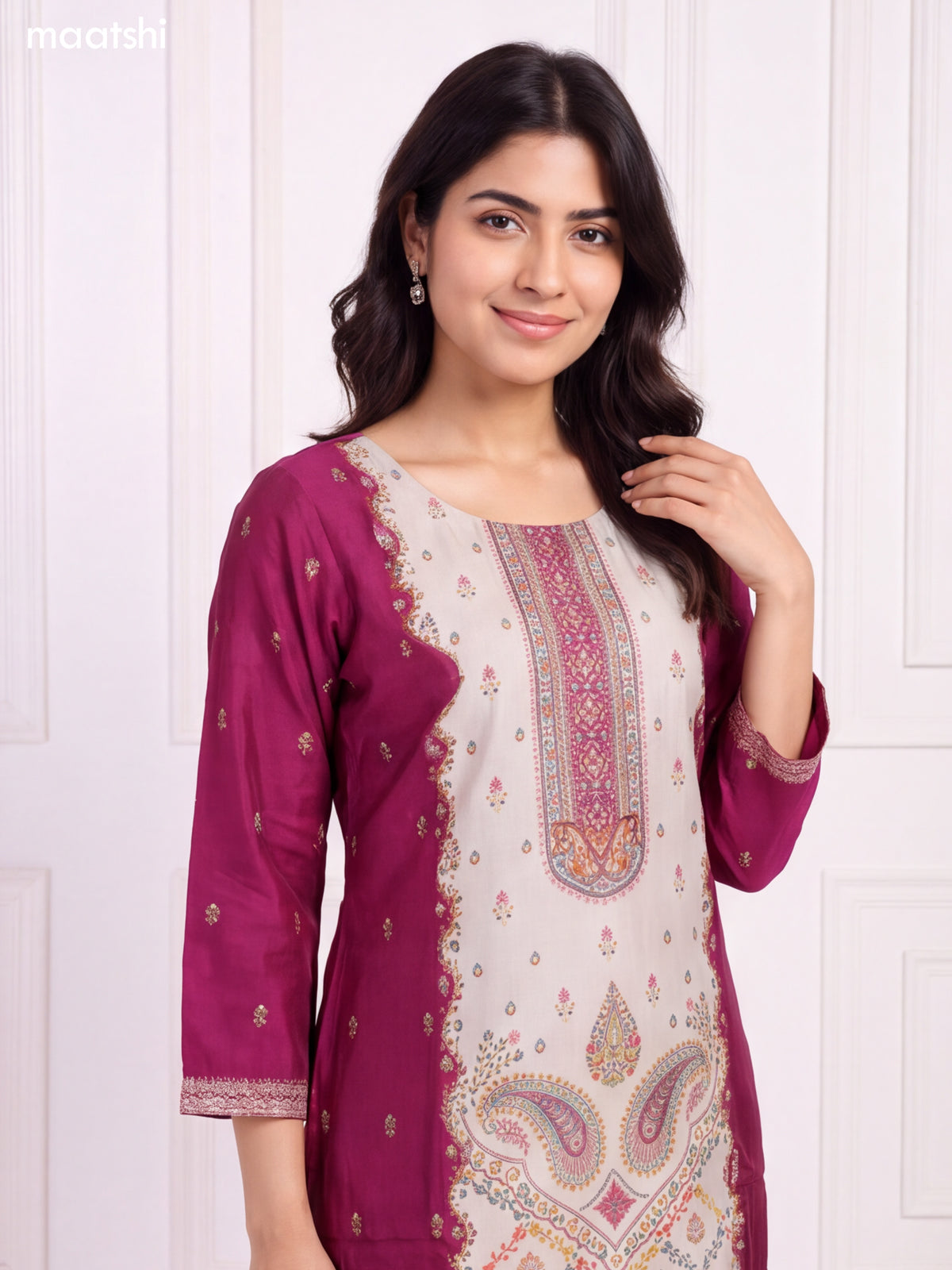 Magenta Pink and Biege Art Tussar Embroidery Work Straight Suit