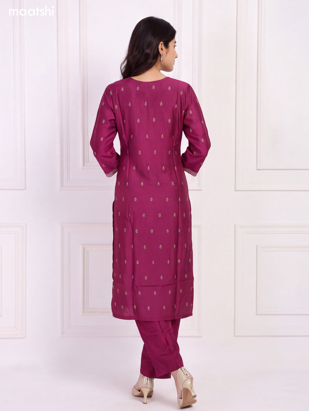 Magenta Pink and Biege Art Tussar Embroidery Work Straight Suit