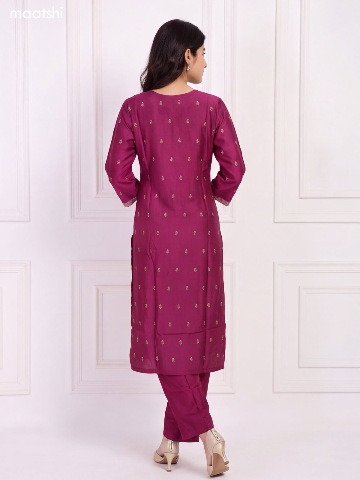Magenta Pink and Biege Art Tussar Embroidery Work Straight Suit