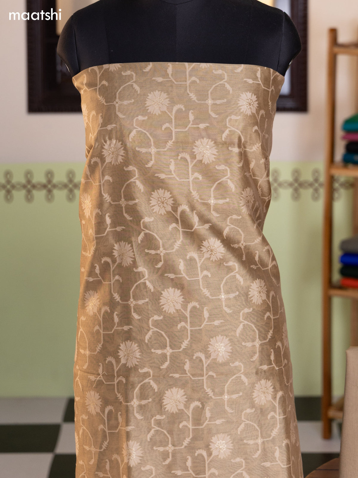 Dark Sandal and Olive Green Chanderi Dress Material With Thread Weaves and Bottom & Banarasi Style Dupatta