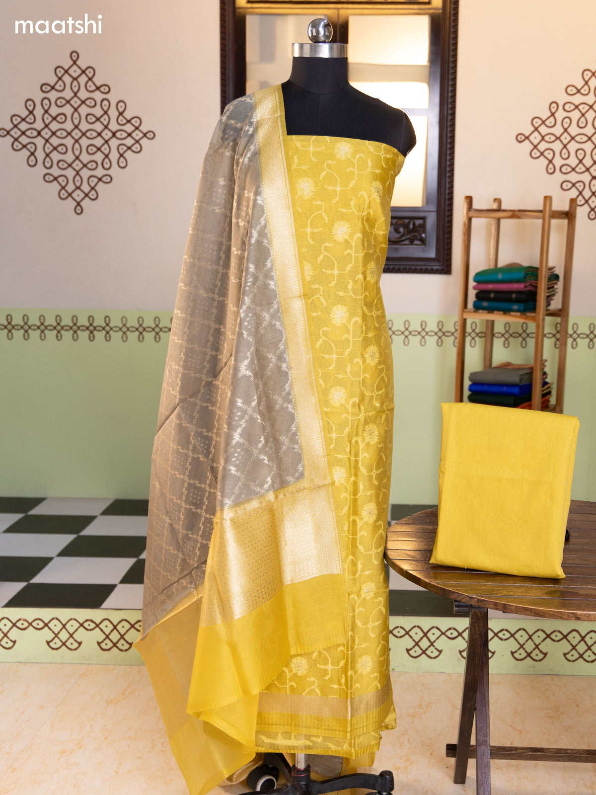 Mustard Yellow and Grey Chanderi Dress Material With Thread Weaves and Bottom & Banarasi Style Dupatta