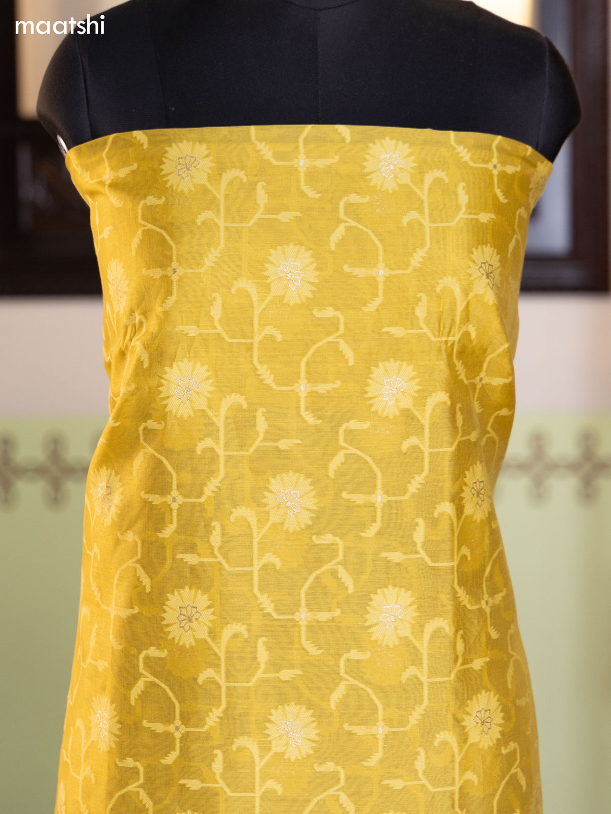 Mustard Yellow and Grey Chanderi Dress Material With Thread Weaves and Bottom & Banarasi Style Dupatta