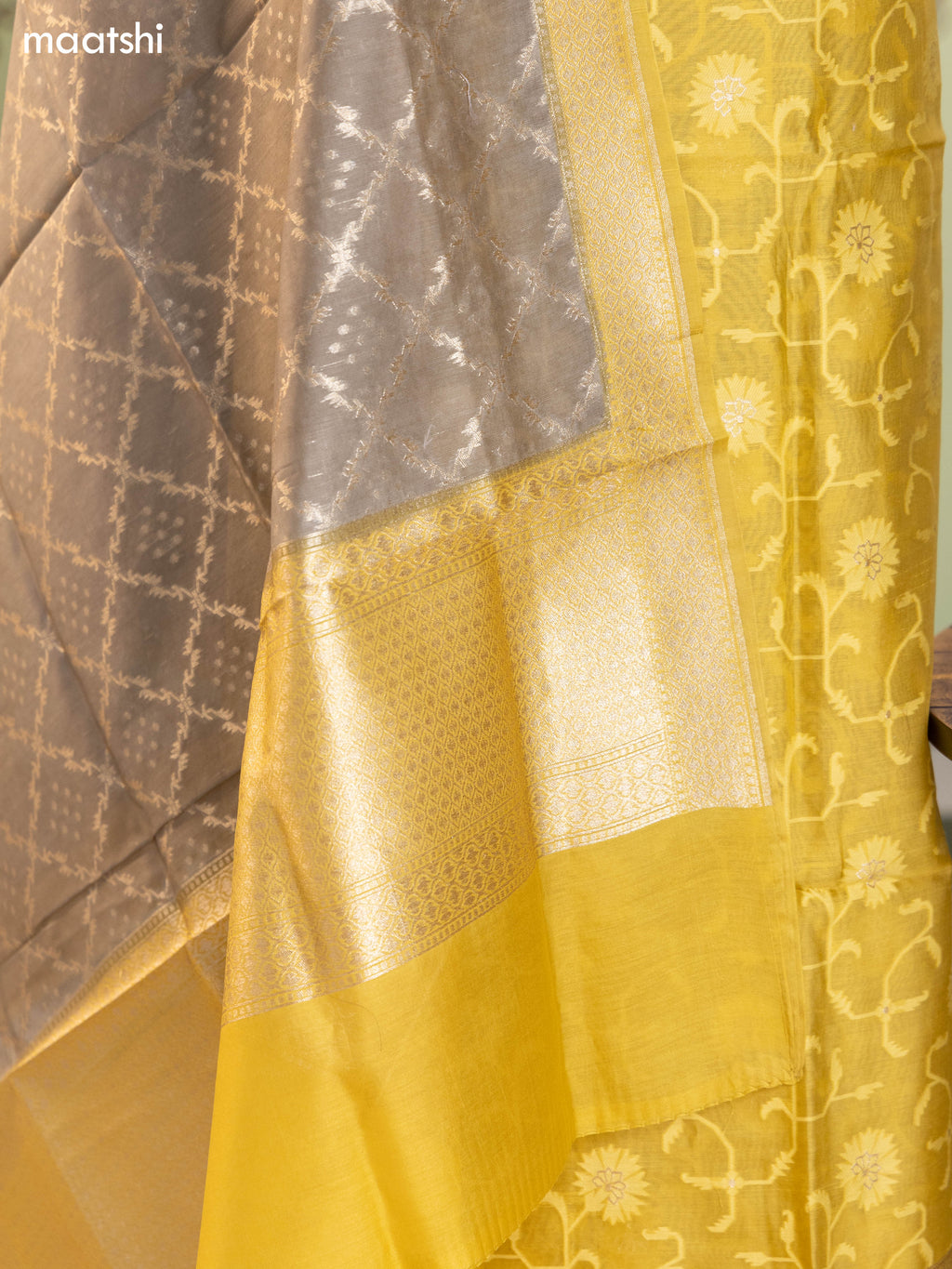 Mustard Yellow and Grey Chanderi Dress Material With Thread Weaves and Bottom & Banarasi Style Dupatta